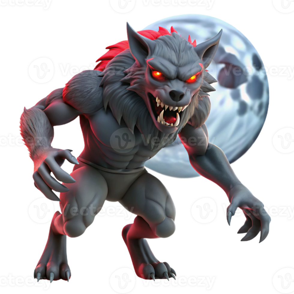 magnificent vintage A fierce werewolf with glowing red eyes and sharp claws, transforming under the full moon. Horror style, dramatic lighting exclusive png