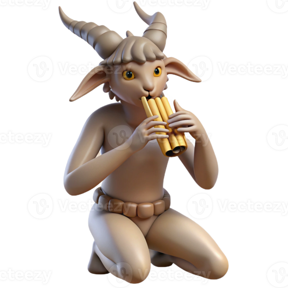 magnificent rustic A playful satyr with the legs and horns of a goat, playing a pan flute. Greek mythology style, soft lighting high quality png