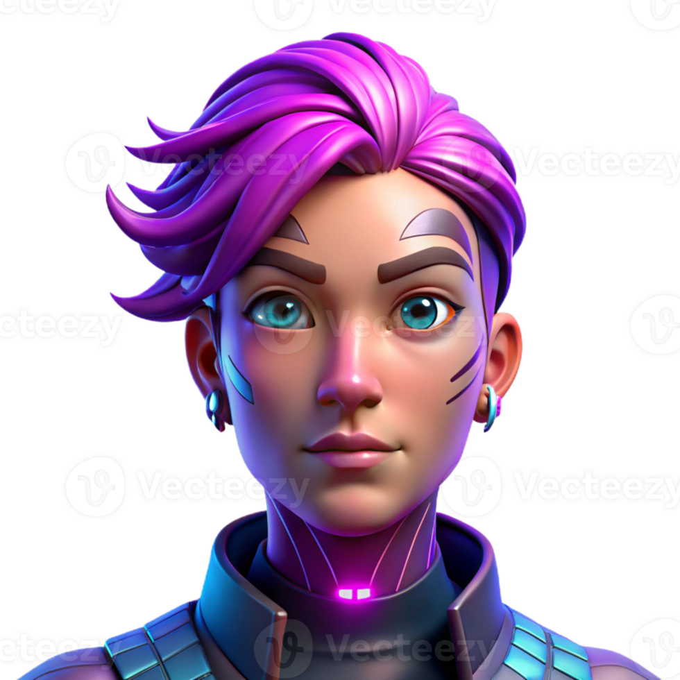 magnificent abstract Portrait of a non-binary person with vibrant purple hair and intricate facial tattoos, lit by neon pink and blue lights, in a cyberpunk style authentic png