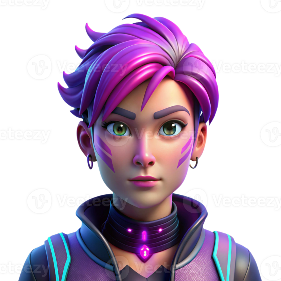 impressive abstract Portrait of a non-binary person with vibrant purple hair and intricate facial tattoos, lit by neon pink and blue lights, in a cyberpunk style authentic png
