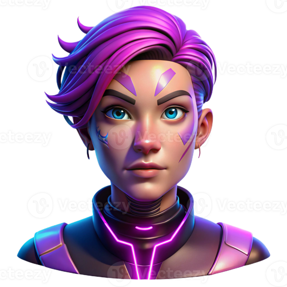 serene traditional Portrait of a non-binary person with vibrant purple hair and intricate facial tattoos, lit by neon pink and blue lights, in a cyberpunk style 4K png