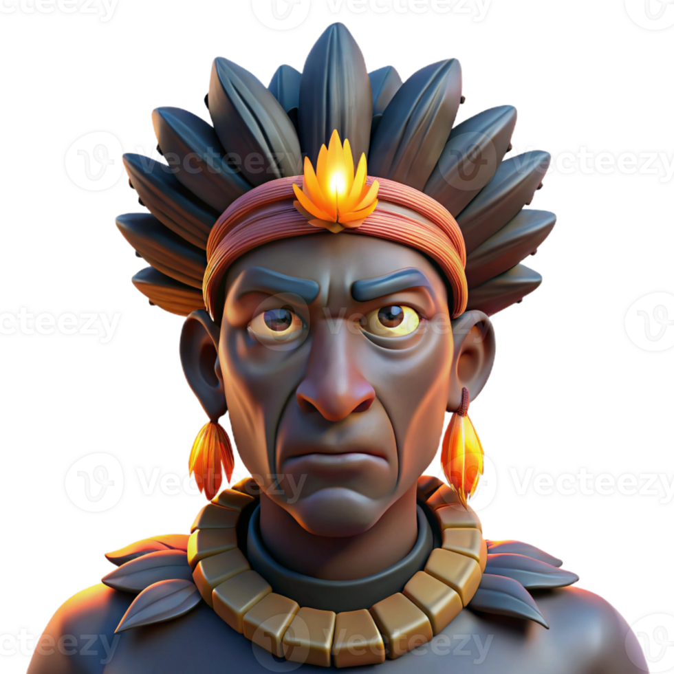 serene modern Portrait of a tribal chief with elaborate headdress and face paint, lit by a flickering firelight, in an anthropological photography style 4K png
