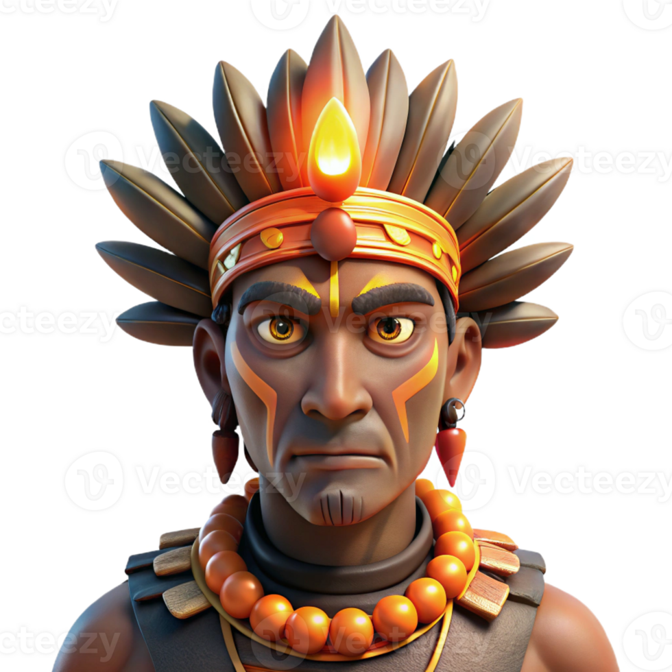 dramatic abstract Portrait of a tribal chief with elaborate headdress and face paint, lit by a flickering firelight, in an anthropological photography style exclusive png