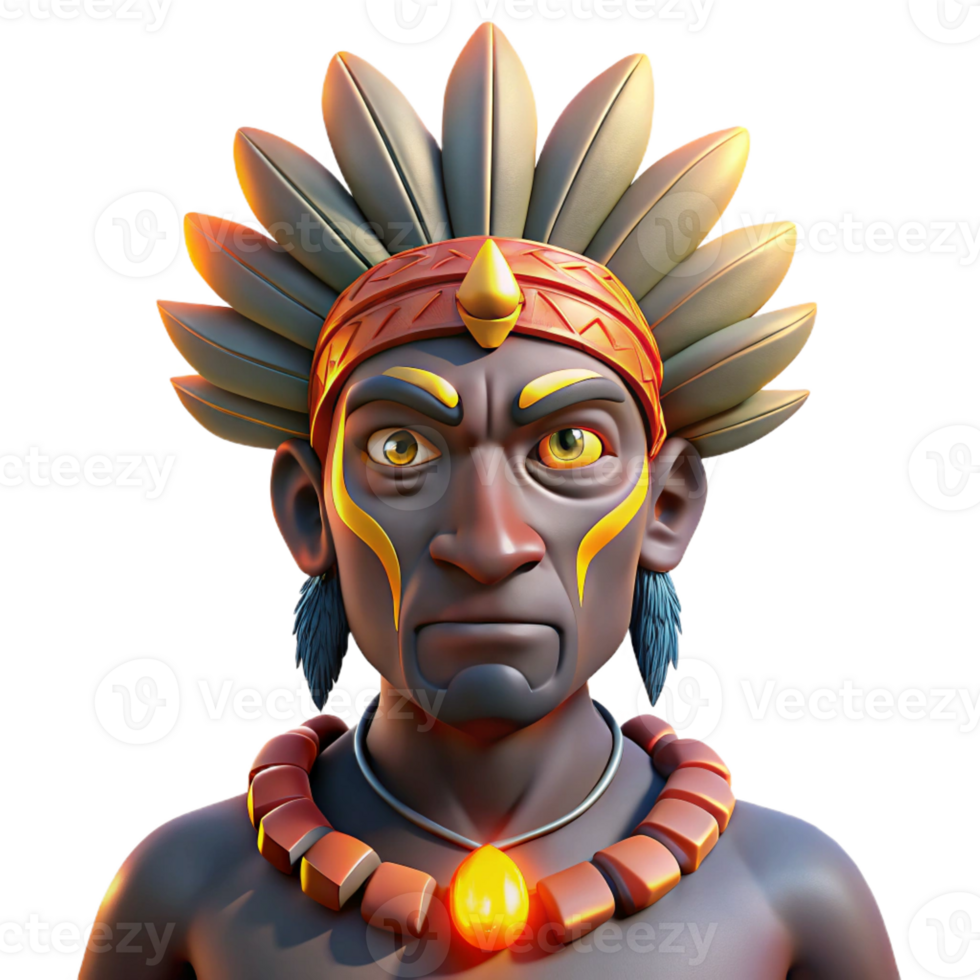 stunning modern Portrait of a tribal chief with elaborate headdress and face paint, lit by a flickering firelight, in an anthropological photography style high quality png
