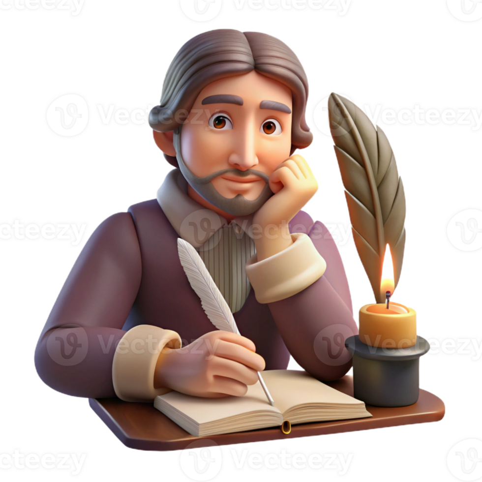 elegant artistic Portrait of a writer with a quill and a contemplative expression, lit by a candlelight, in a Renaissance painting style premium png