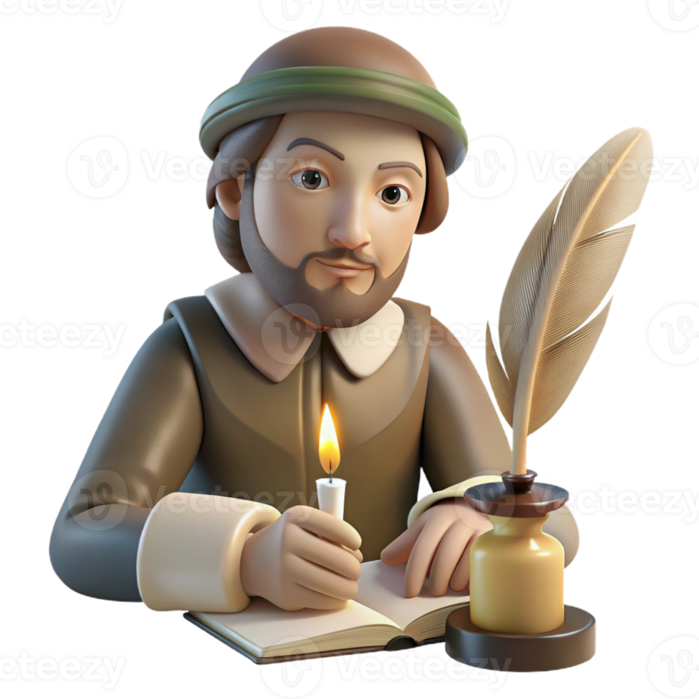 elegant modern Portrait of a writer with a quill and a contemplative expression, lit by a candlelight, in a Renaissance painting style premium png