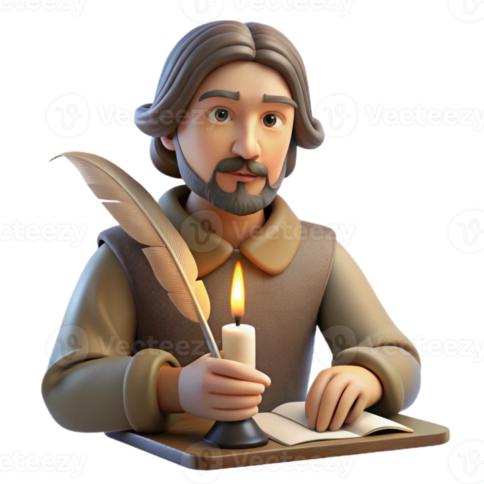 wonderful vintage Portrait of a writer with a quill and a contemplative expression, lit by a candlelight, in a Renaissance painting style high quality png