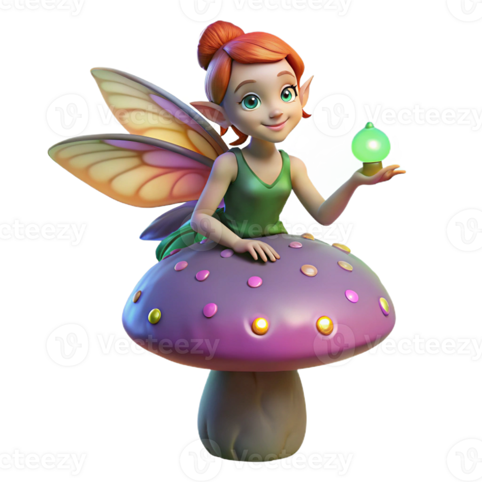 dramatic rustic A mischievous pixie with iridescent wings, perched on a giant mushroom, holding a glowing orb, surrounded by fireflies in a twilight forest. Digital painting style high quality png