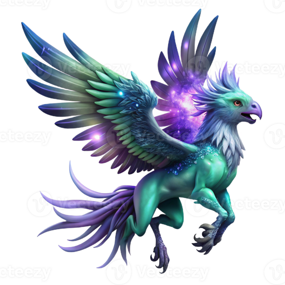 extraordinary creative A majestic griffin with feathers of amethyst and emerald, soaring through a swirling nebula, bathed in the radiant light of a dying star. Fantasy art style exclusive png