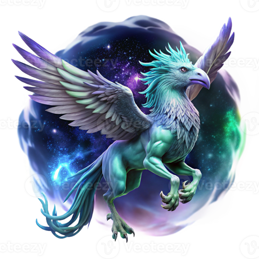 serene vintage A majestic griffin with feathers of amethyst and emerald, soaring through a swirling nebula, bathed in the radiant light of a dying star. Fantasy art style premium png