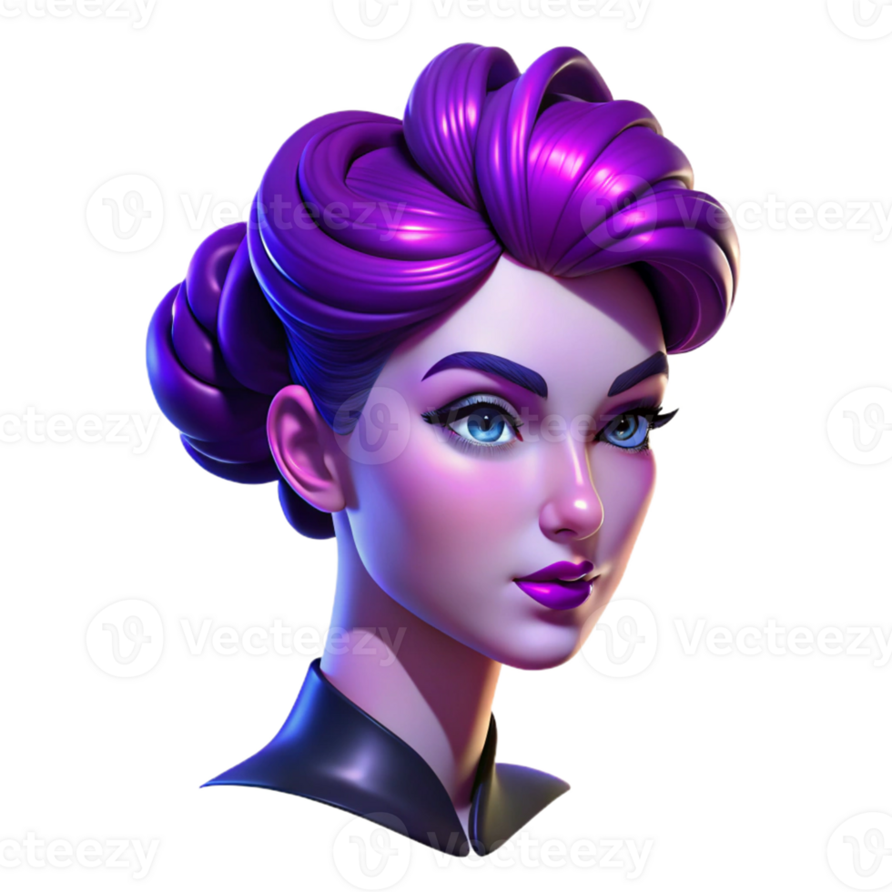 extraordinary creative Portrait of a woman with vibrant purple lipstick and a glamorous updo, illuminated by Hollywood-style lighting, in an Art Deco style high resolution png