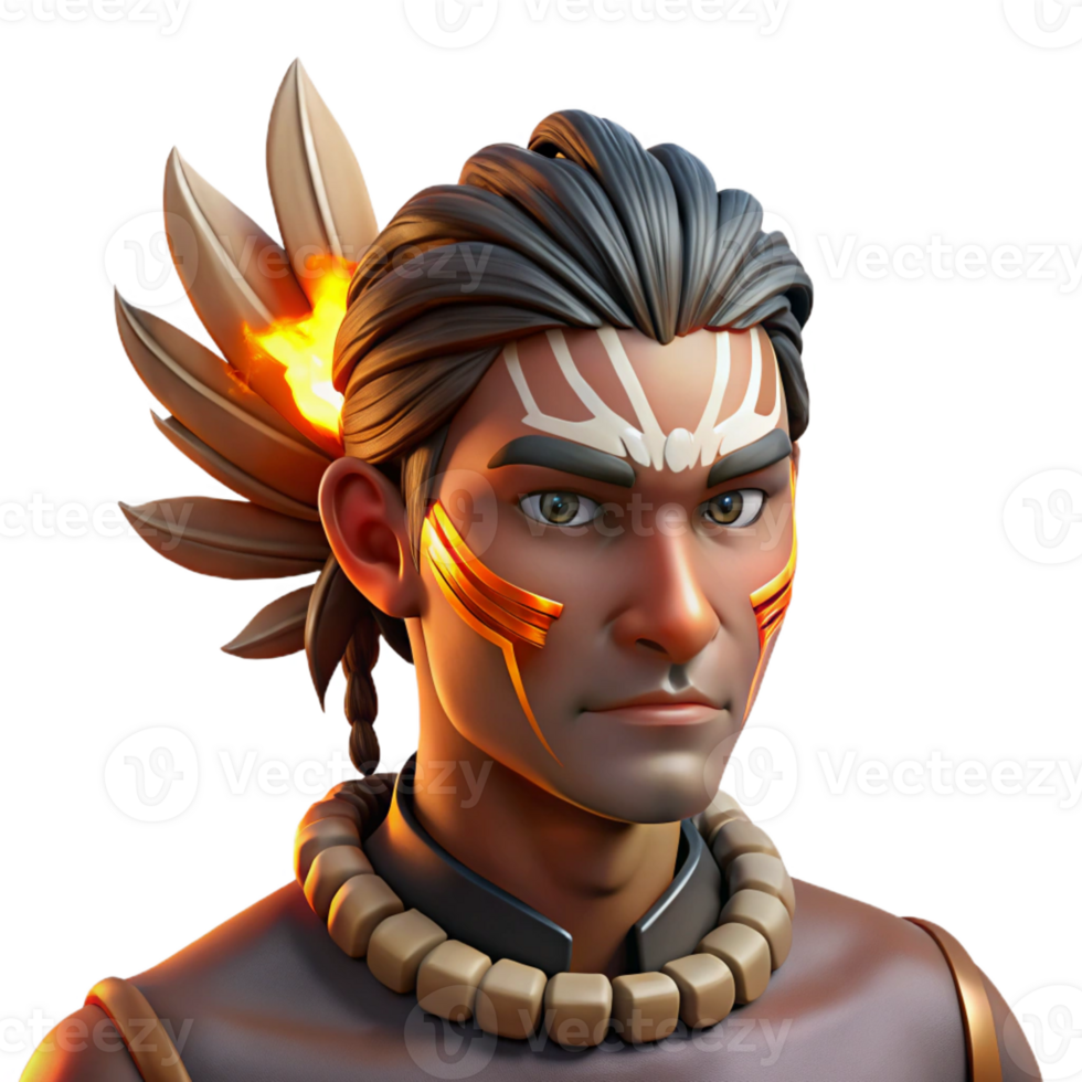 dramatic minimalist Portrait of a man with tribal face paint and feathers in his hair, lit by dramatic firelight, in a Native American inspired style premium png