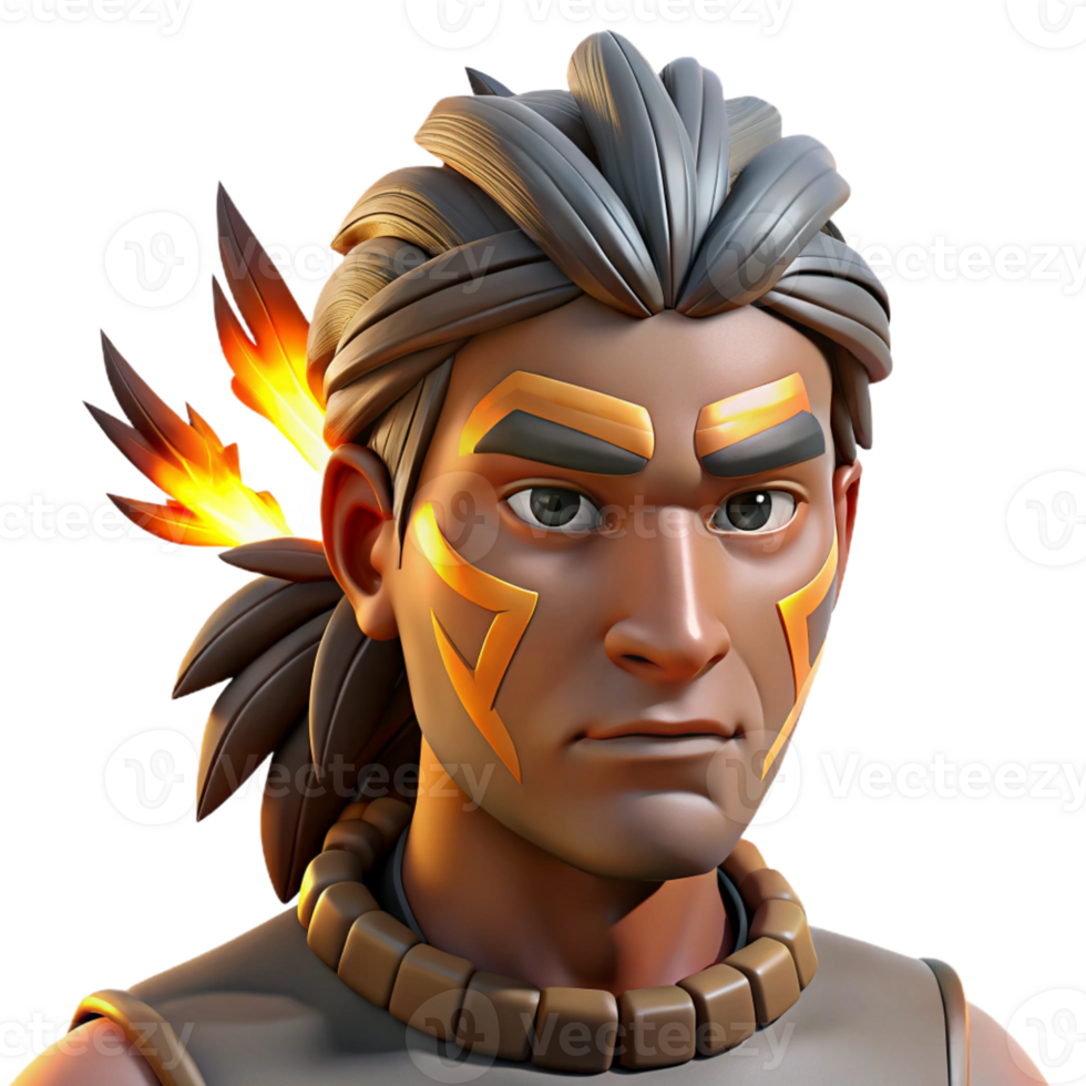 beautiful classic Portrait of a man with tribal face paint and feathers in his hair, lit by dramatic firelight, in a Native American inspired style premium png