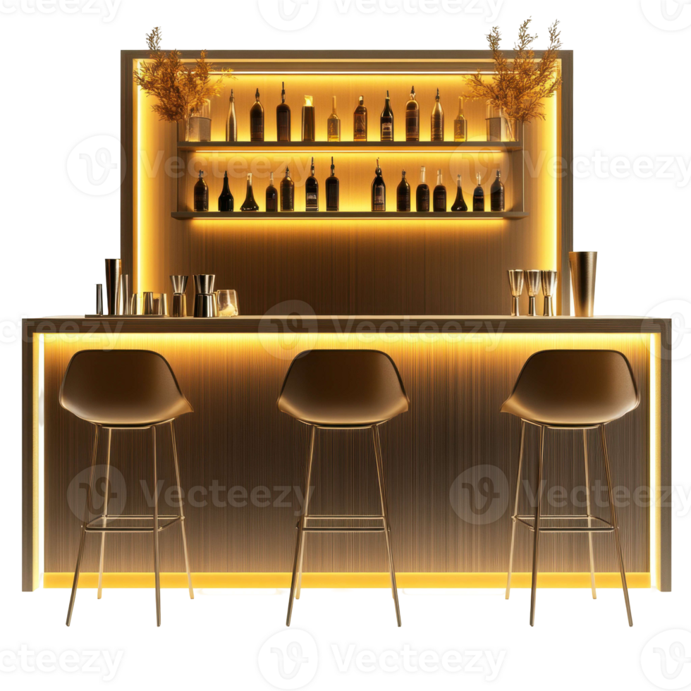 A bar with three stools and a shelf png