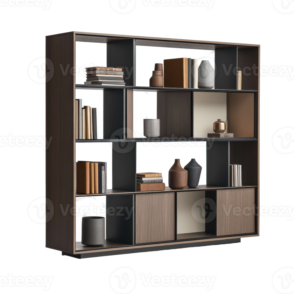 A bookcase with shelves and vases on it png