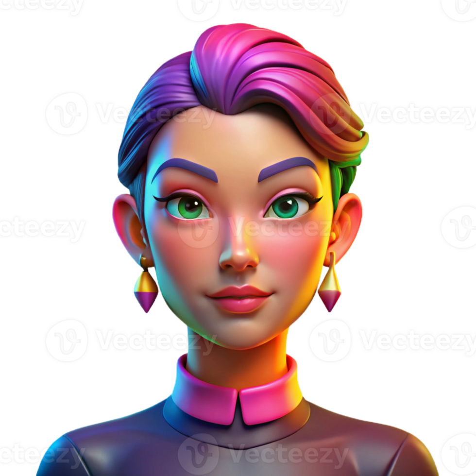 extraordinary abstract Portrait of a woman with vibrant, colorful makeup and a playful expression, illuminated by rainbow lighting, in a pop art style high resolution png