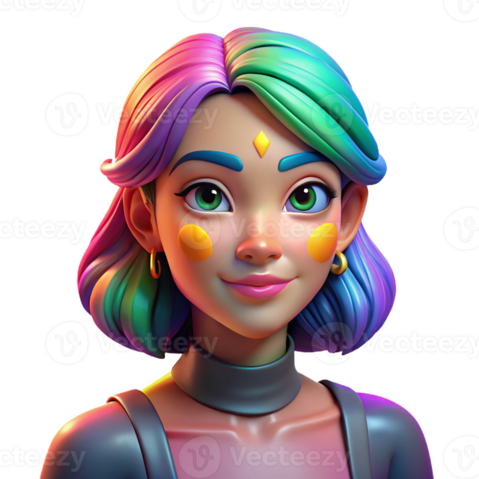 serene creative Portrait of a woman with vibrant, colorful makeup and a playful expression, illuminated by rainbow lighting, in a pop art style exclusive png