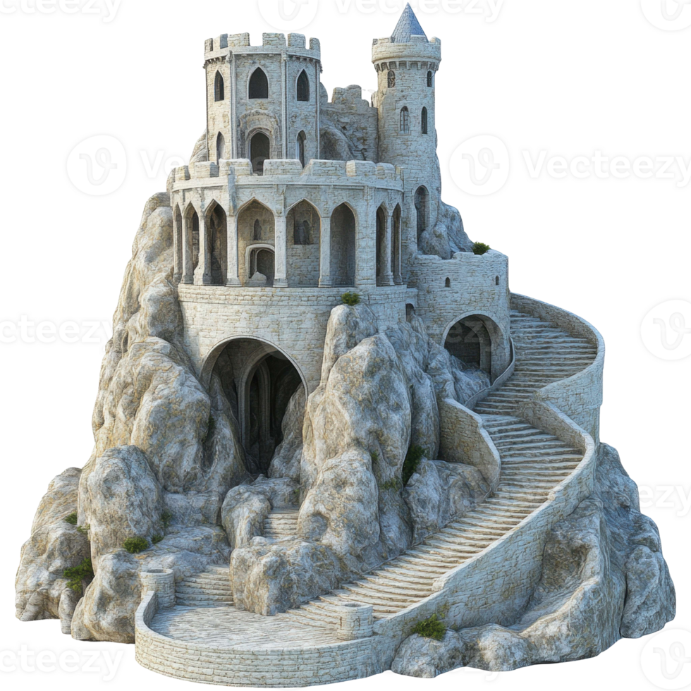 A castle on a rock with stairs leading up to it png