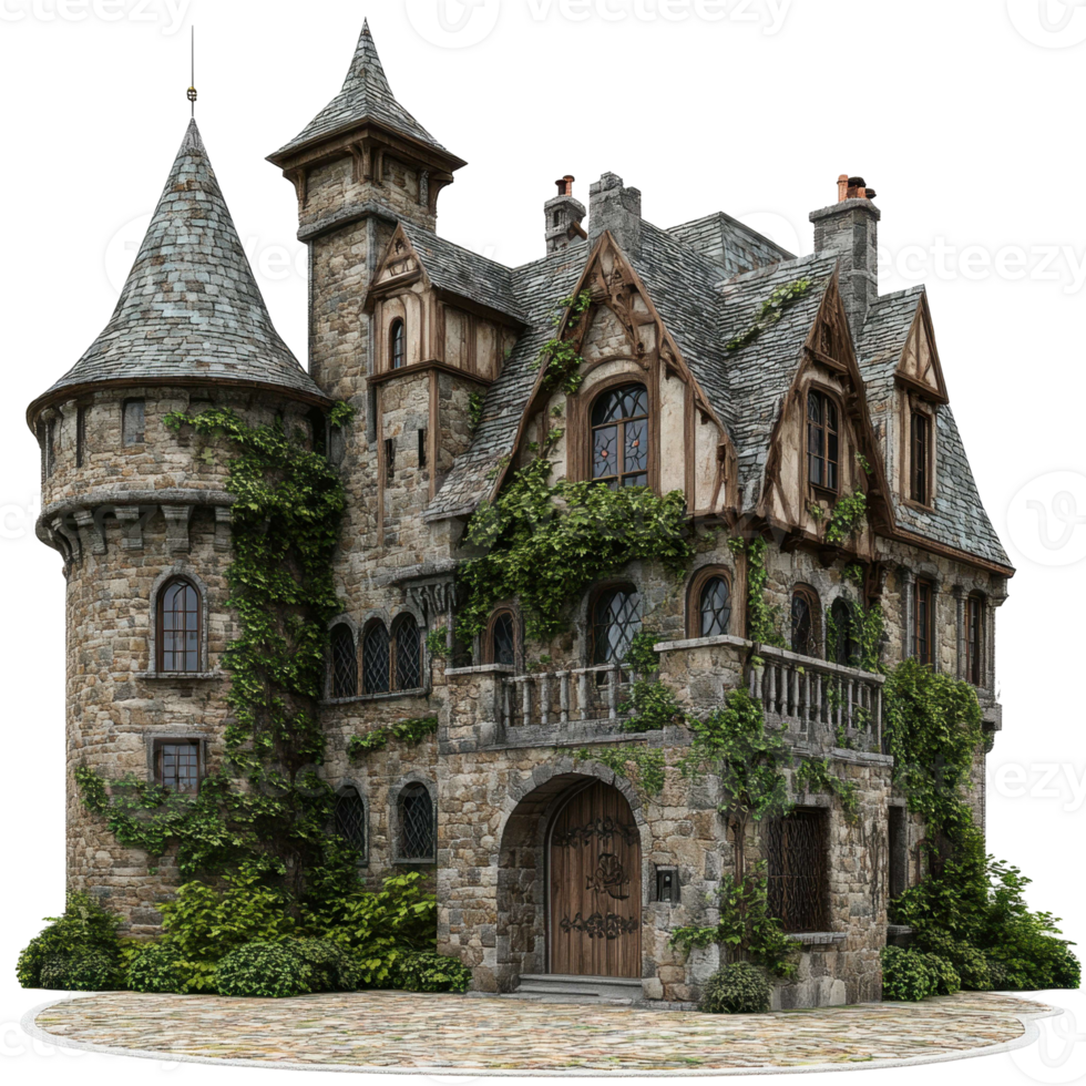 An old castle with a stone tower and a stone walkway png