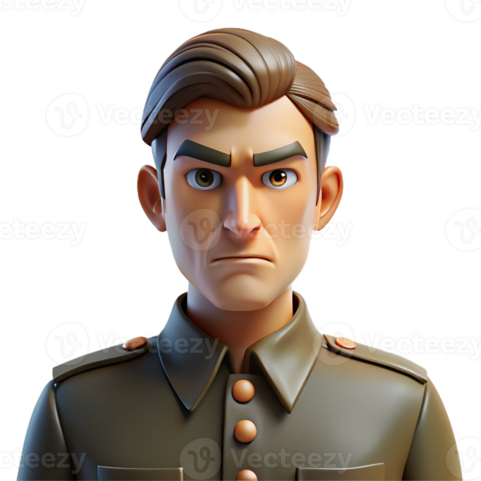 extraordinary vintage Portrait of a man with a stern expression and a military uniform, lit by harsh, contrasting light, in a propaganda poster style high resolution png
