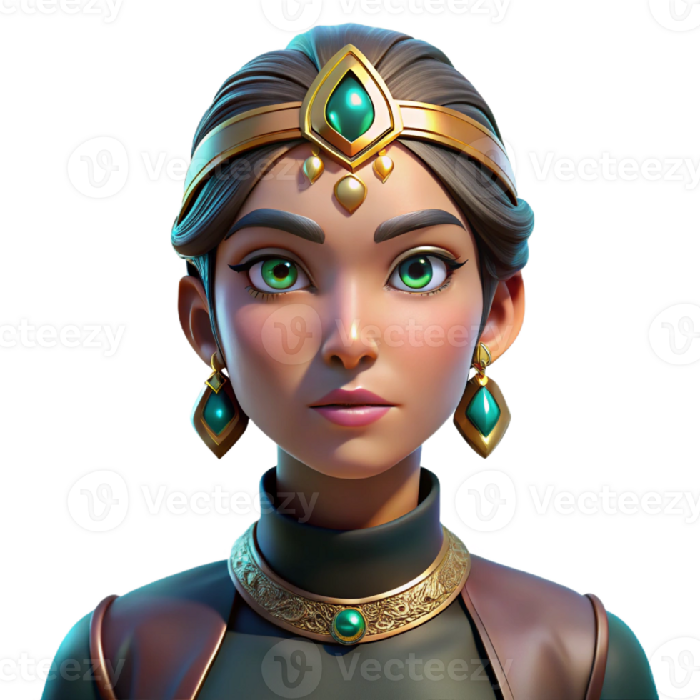 wonderful contemporary Portrait of a woman with intricate face jewelry and a regal expression, illuminated by dramatic spotlighting, in a Byzantine style exclusive png