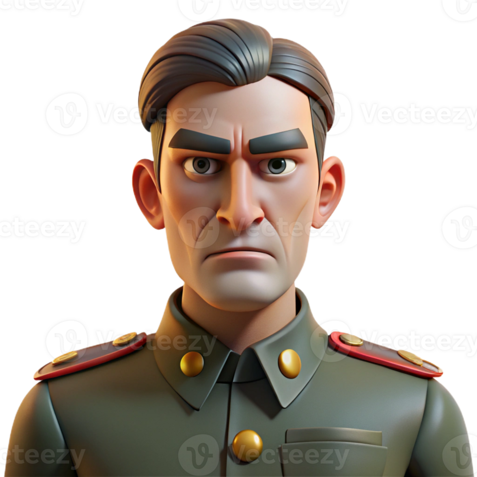 vibrant traditional Portrait of a man with a stern expression and a military uniform, lit by harsh, contrasting light, in a propaganda poster style premium png