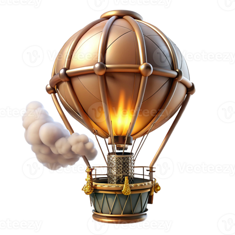 stunning creative A steampunk-inspired hot air balloon with intricate brass framework, billowing silk panels, and a roaring furnace, floating against a twilight sky high resolution png