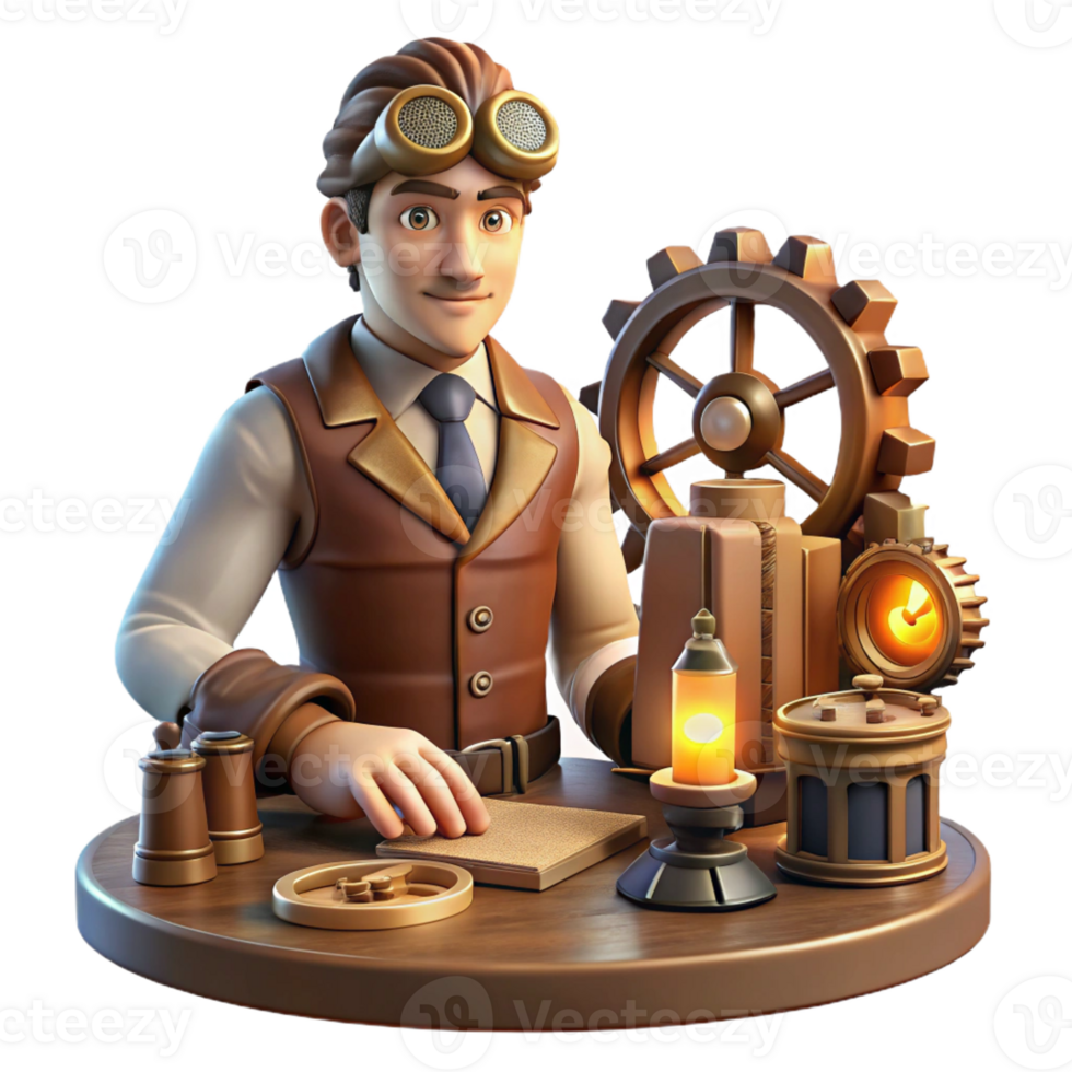 serene artistic A portrait of a steampunk inventor in a cluttered workshop surrounded by gears, tools, and blueprints, lit by the warm glow of an oil lamp exclusive png