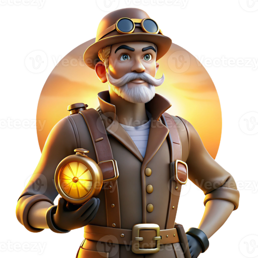beautiful traditional A portrait of a steampunk explorer with a compass, leather satchel, and a pith helmet, gazing at a distant horizon, lit by the golden rays of the setting sun 4K png