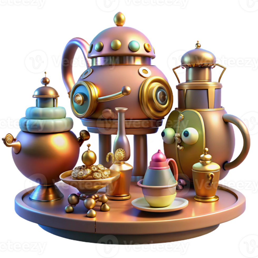 dramatic traditional A whimsical illustration of a steampunk tea party with robotic guests, elaborate brass teapots, and floating pastries, lit by a warm, inviting light professional png