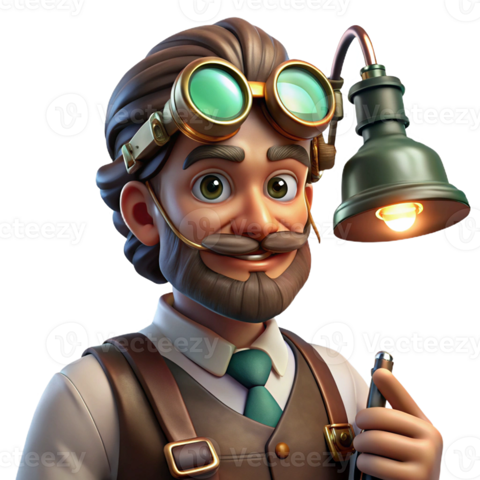 serene creative A portrait of a steampunk doctor with goggles, intricate surgical tools, and a leather apron, examining a patient, lit by the cool, clinical light of a gas lamp high quality png