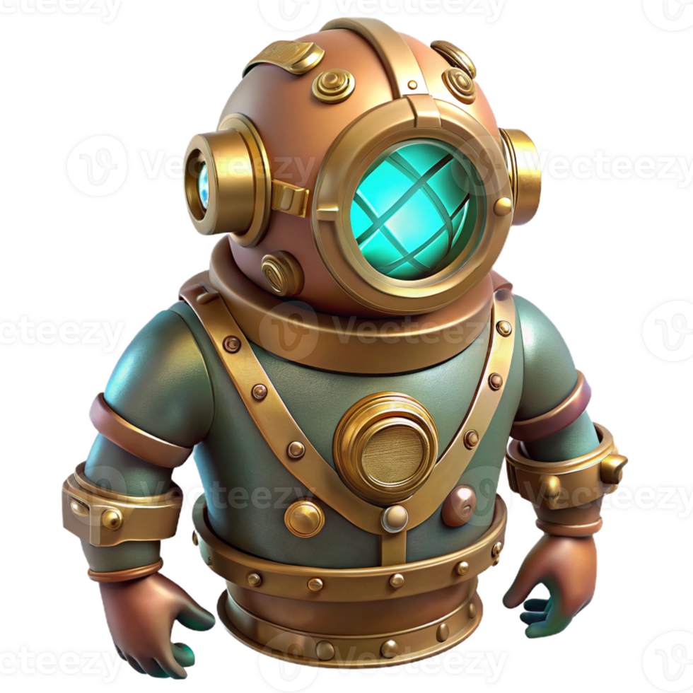 serene abstract A steampunk diving suit with intricate brass helmets, glowing portholes, and articulated joints, descending into the depths of the ocean, lit by a mysterious, underwater glow authentic png
