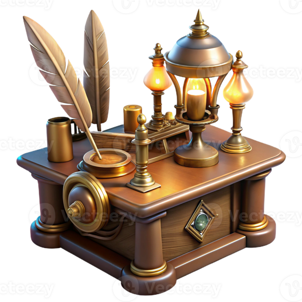 vibrant modern A steampunk writing desk with intricate gears, quill pens, and glowing inkwells, illuminated by the warm glow of a desk lamp high quality png