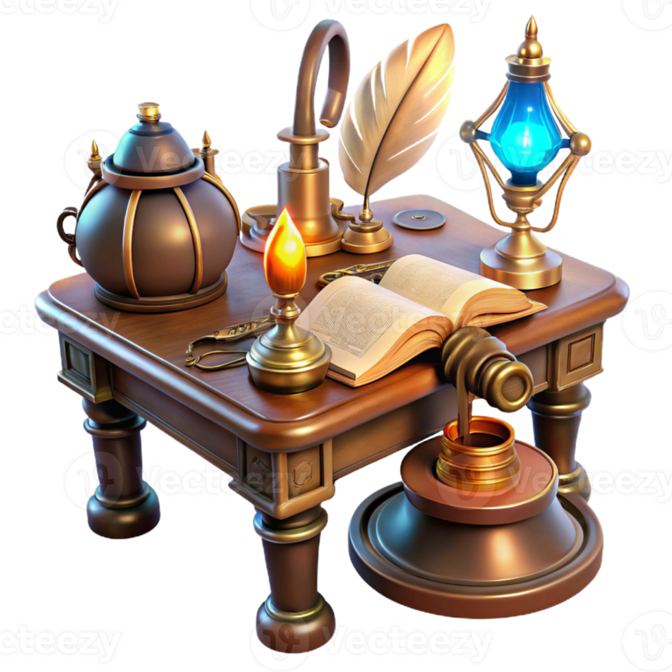 extraordinary modern A steampunk writing desk with intricate gears, quill pens, and glowing inkwells, illuminated by the warm glow of a desk lamp 4K png