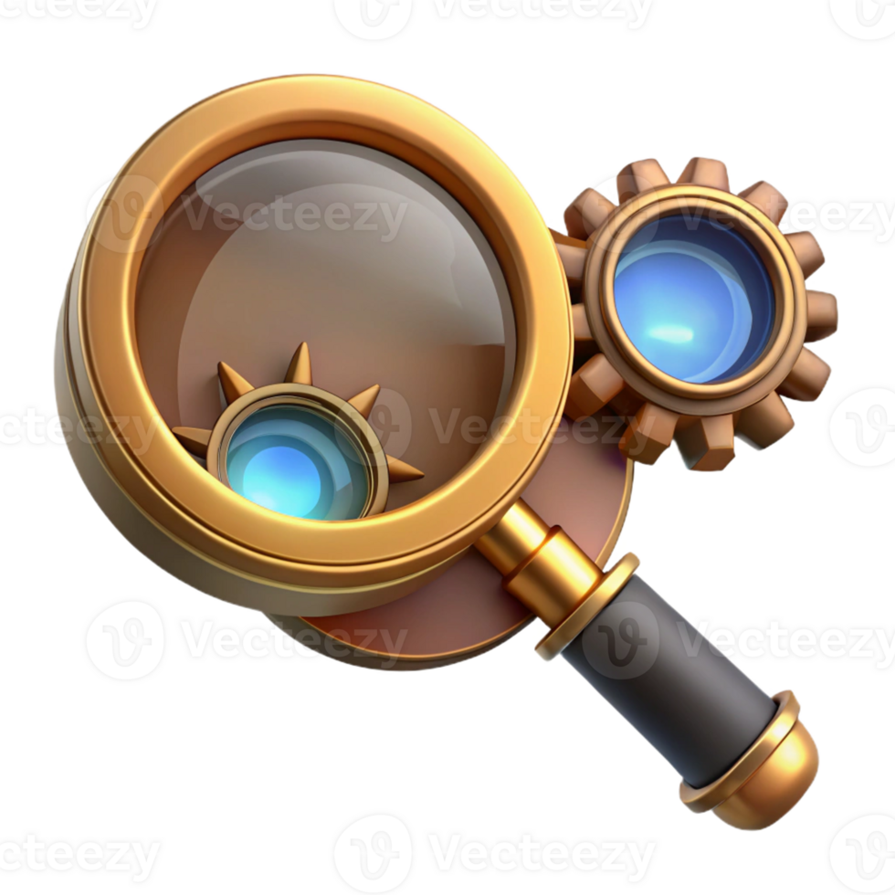 beautiful artistic A steampunk magnifying glass with intricate gears, polished brass frame, and a glowing lens, focusing light onto a piece of paper detailed png