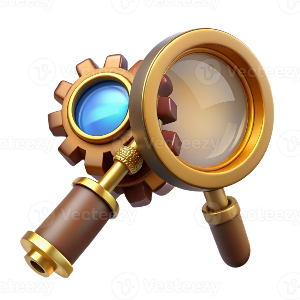 impressive abstract A steampunk magnifying glass with intricate gears, polished brass frame, and a glowing lens, focusing light onto a piece of paper original png