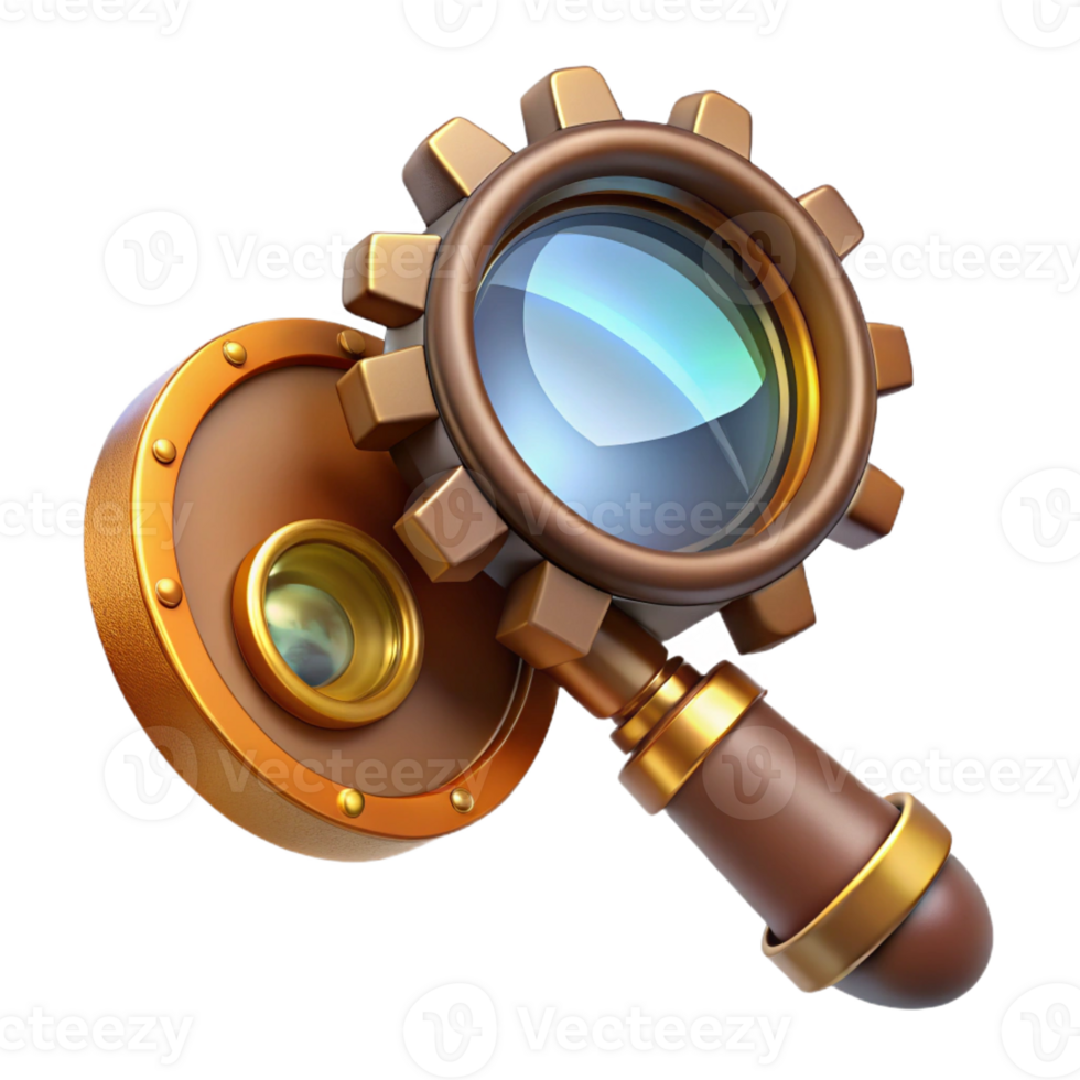 elegant vintage A steampunk magnifying glass with intricate gears, polished brass frame, and a glowing lens, focusing light onto a piece of paper exclusive png