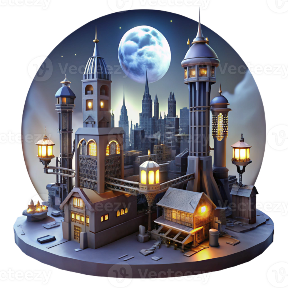 dramatic classic A steampunk cityscape at night with towering buildings, glowing streetlights, and flying vehicles, illuminated by a full moon high resolution png