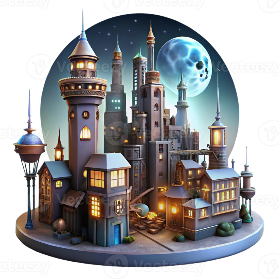 serene minimalist A steampunk cityscape at night with towering buildings, glowing streetlights, and flying vehicles, illuminated by a full moon original png