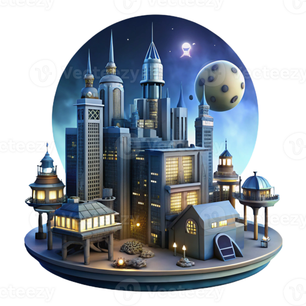 beautiful creative A steampunk cityscape at night with towering buildings, glowing streetlights, and flying vehicles, illuminated by a full moon authentic png