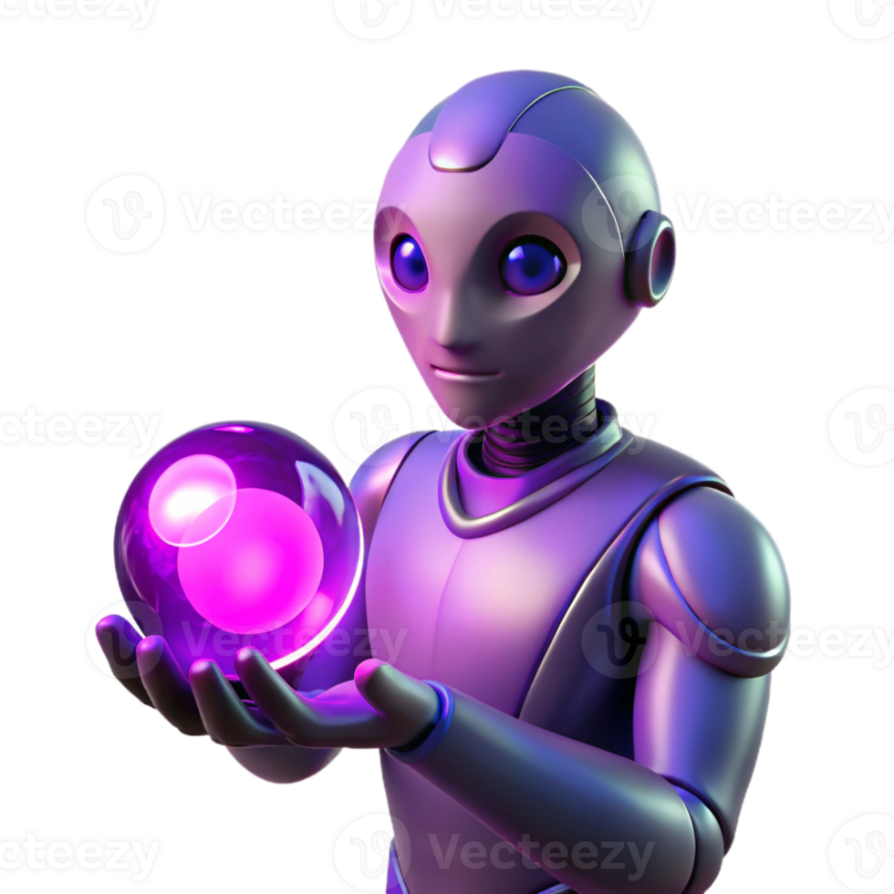wonderful abstract A genetically engineered humanoid with glowing purple eyes, holding a pulsating orb of energy. Neon lighting, surreal style high quality png