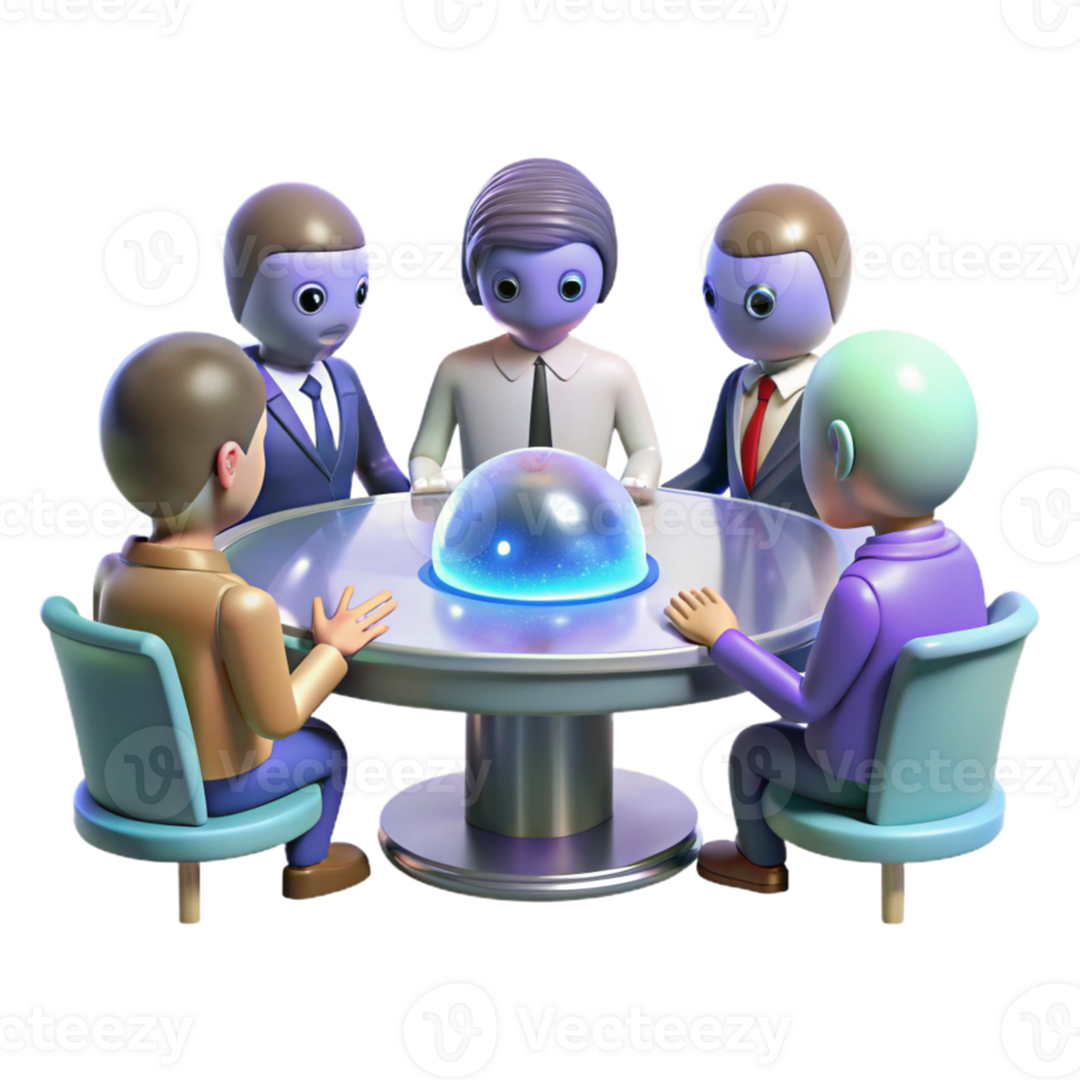 elegant creative A group of diverse alien diplomats gathered around a holographic table, debating the fate of a dying star. Soft lighting, realistic style authentic png