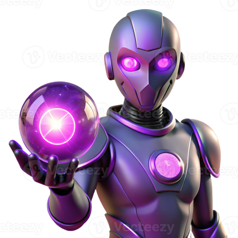 serene traditional A genetically engineered humanoid with glowing purple eyes, holding a pulsating orb of energy. Neon lighting, surreal style high quality png