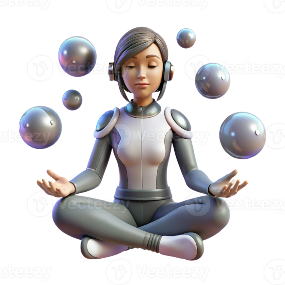 serene contemporary A young woman with cybernetic implants meditating in zero gravity, surrounded by floating orbs of data. Ethereal lighting, cyberpunk style premium png