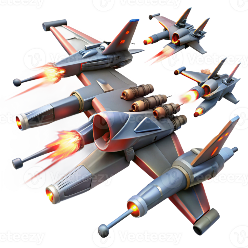 wonderful minimalist A squadron of starfighters engaging in a fierce dogfight against a backdrop of a swirling nebula. Dynamic lighting, anime style high quality png