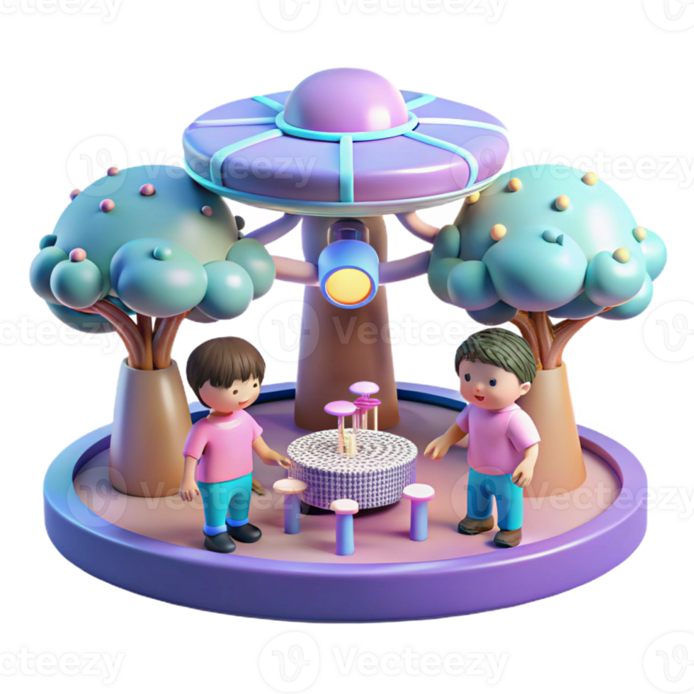 elegant artistic A group of children playing with miniature robotic drones in a futuristic park, under the soft glow of artificial trees. Pastel lighting, whimsical style authentic png