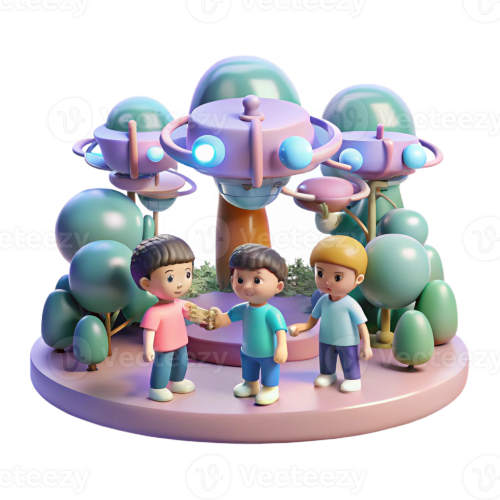 beautiful artistic A group of children playing with miniature robotic drones in a futuristic park, under the soft glow of artificial trees. Pastel lighting, whimsical style exclusive png