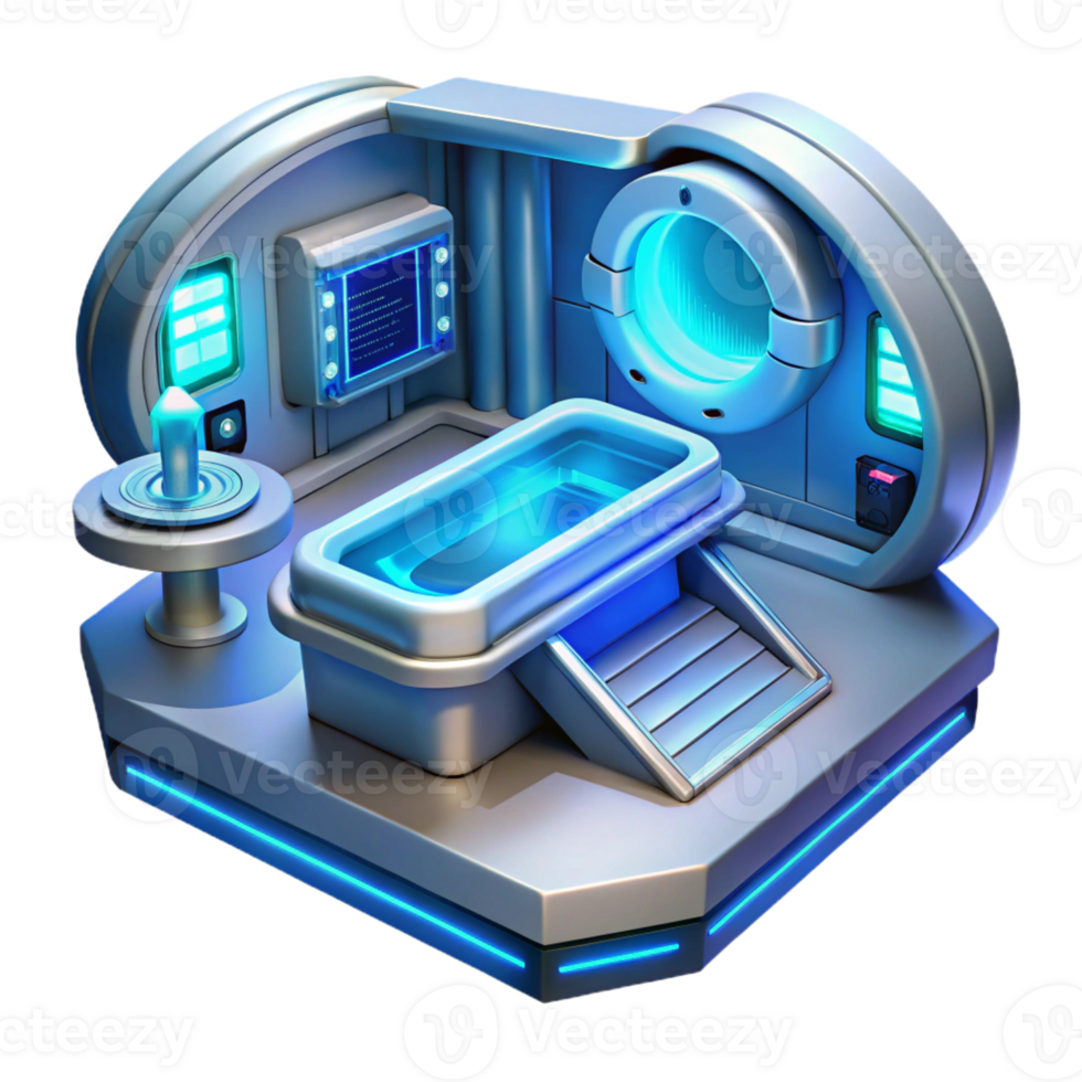 beautiful contemporary A futuristic medical bay with holographic displays showing vital signs, bathed in the sterile blue light of medical equipment. Clinical lighting, realistic style high resolution png
