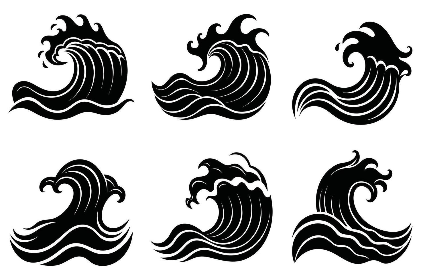 Six stylized ocean wave silhouettes for graphic design vector