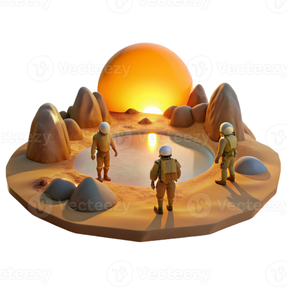 dramatic abstract A group of explorers discovering a hidden oasis on a barren desert planet, illuminated by the warm glow of a twin sunset. Golden hour lighting, realistic style premium png